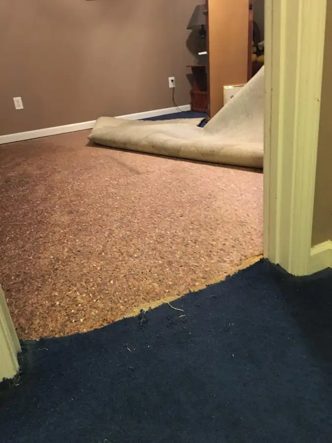 Carpet pad removal revealing water damage during Water Mitigation Services in Lower Windsor